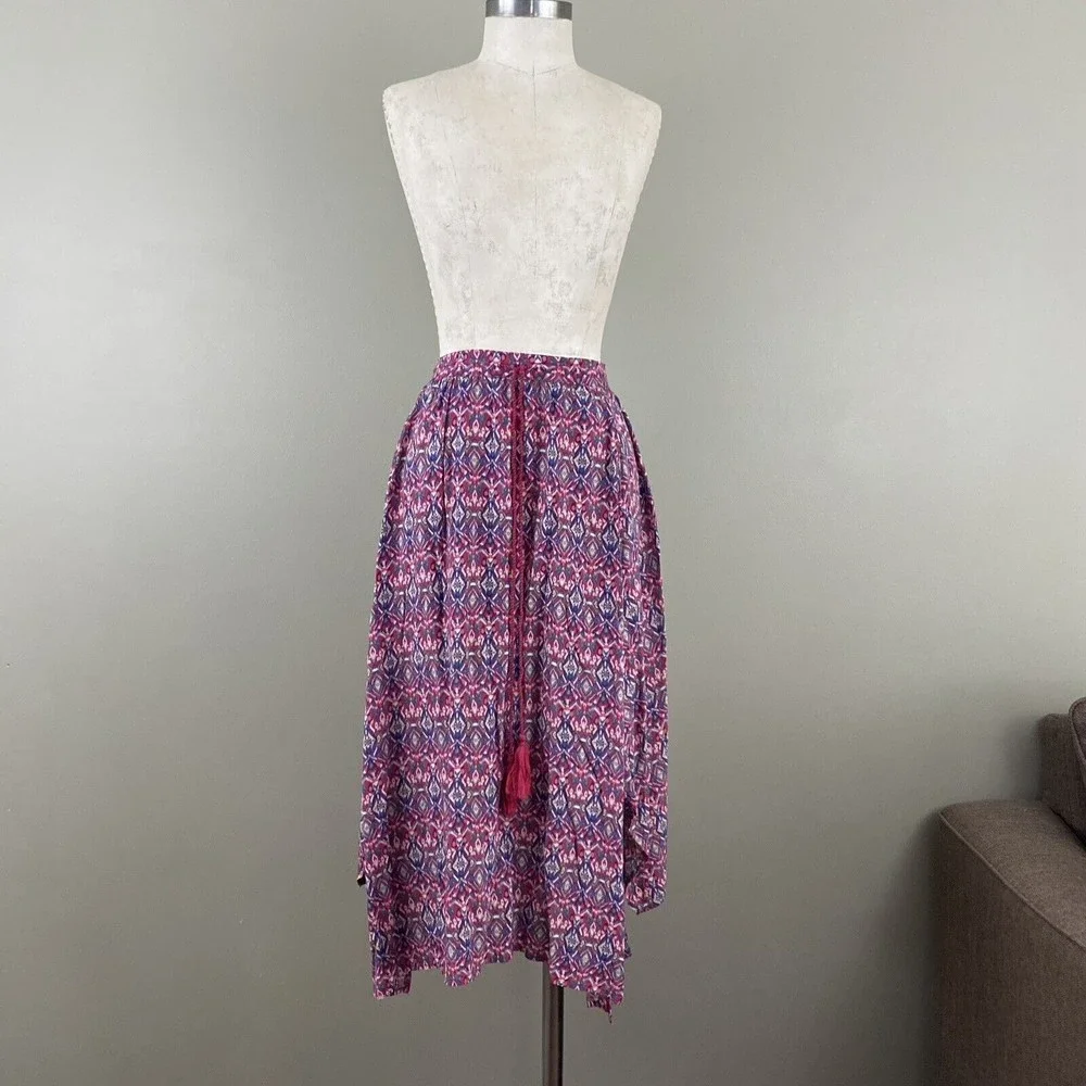 Hollister Womens Midi Skirt S Pink Blue Boho Festival Handkerchief Skirt Tassels - Picture 1 of 10